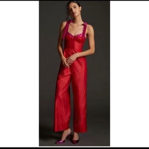 Anthropologie Hutch Red Pink Bustier Seamed Wide Leg Jumpsuit size 0 w/pockets